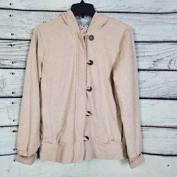 Maurices Women’s Hoodie Jacket Size XL Beige Button Front Zip Hybrid Sweatshirt - Picture 1 of 7